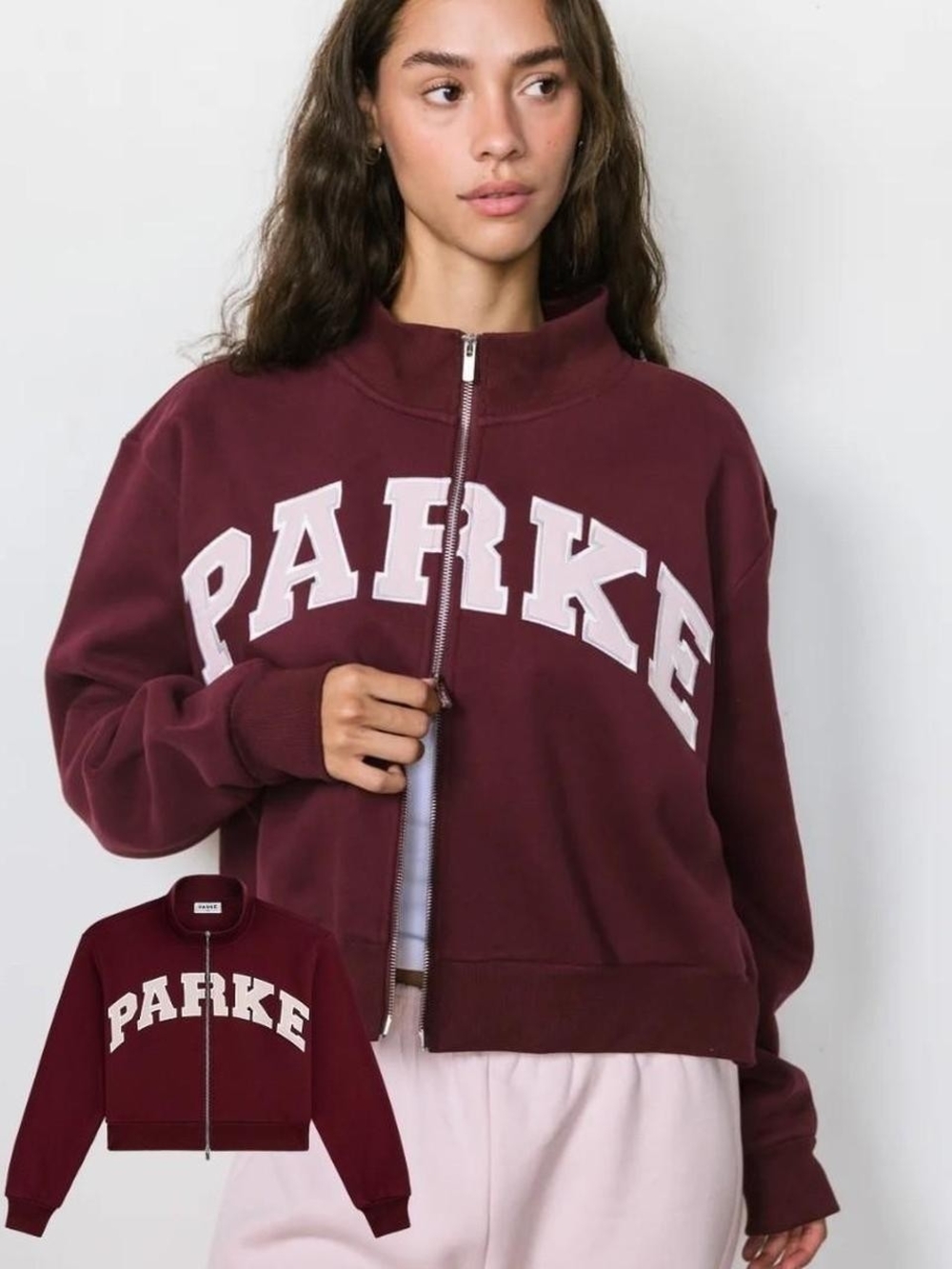 Parke S/M Mulled Burgundy Zip-Up Varsity Jacket with Rose Parke Logo NEW